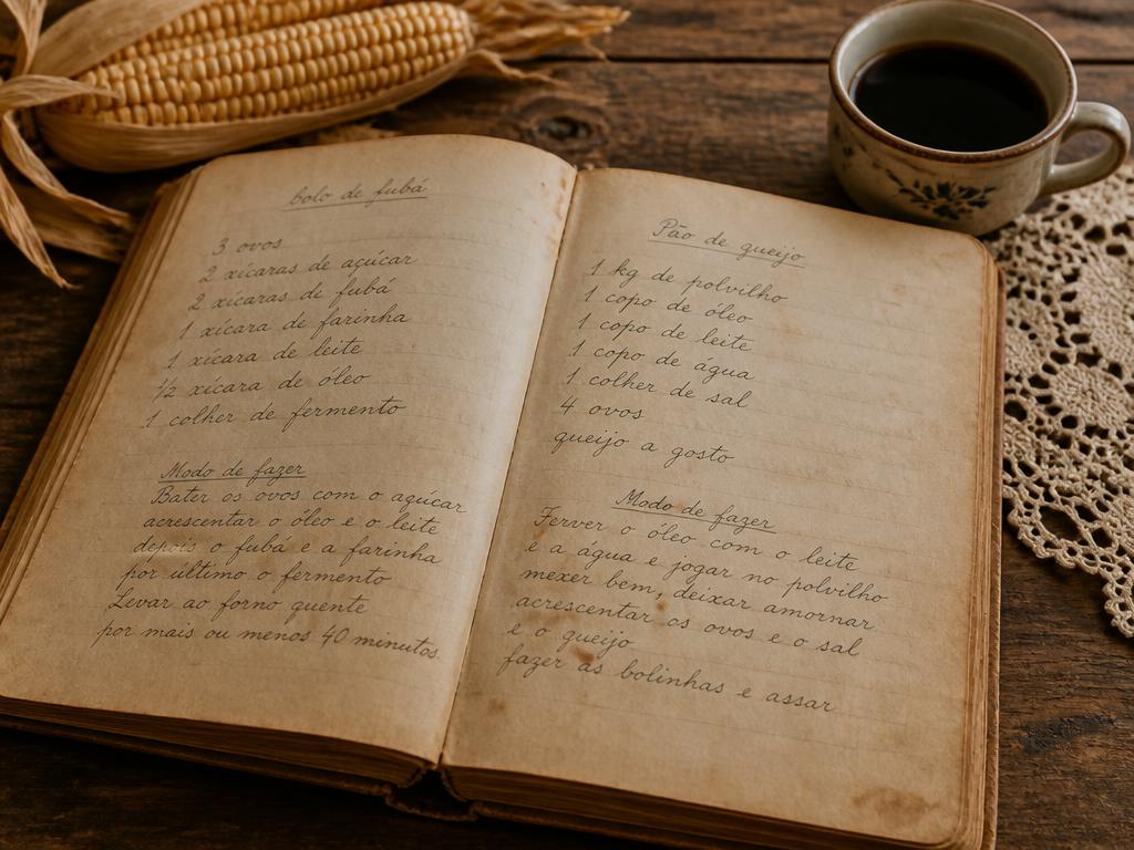 Caderno antigo com receitas escritas à mão sobre mesa de madeira