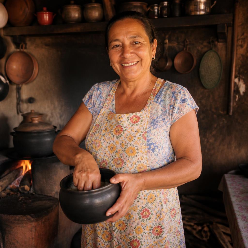 Cida, na cozinha de interior, segurando uma panela de barro