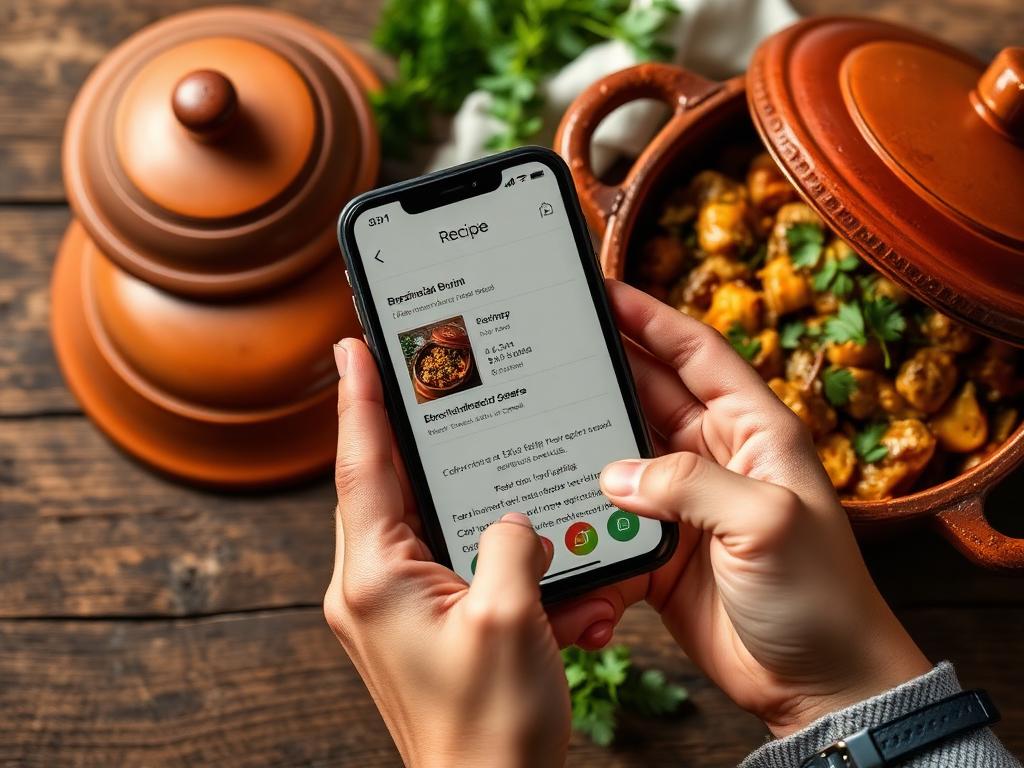 Pessoa consultando o acervo de receitas no celular ao lado de uma panela de barro