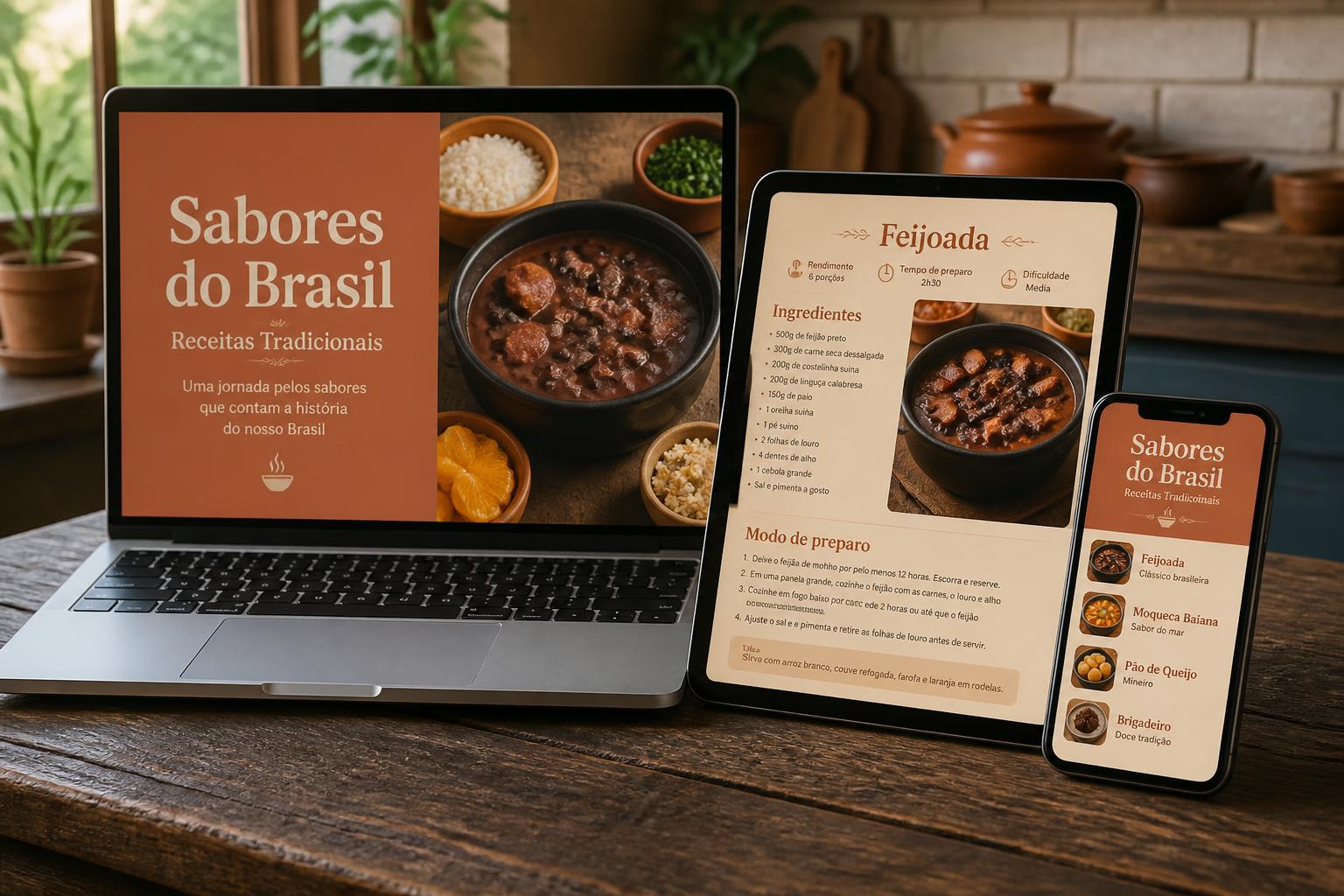 Acervo de receitas do sertão aberto no notebook, no tablet e no celular sobre mesa de madeira